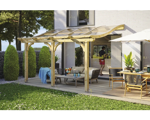 Terrassenüberdachung SKAN HOLZ Venezia 434x389 cm natur Überdachte Terrasse mit Holzrahmen, Sitzmöbeln und Gartentisch für den Außenbereich