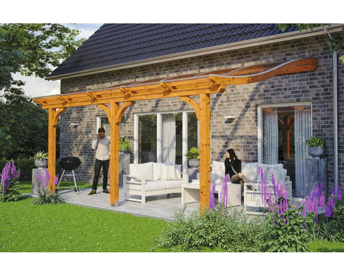 Terrassenüberdachung SKAN HOLZ Venezia 541x289 cm eiche hell Holzpergola mit transparentem Dach auf einer Terrasse mit Gartenmöbeln