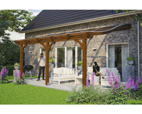 Terrassenüberdachung SKAN HOLZ Venezia 541x239 cm nußbaum Überdachte Terrasse mit Holzpergola, Sitzmöbeln und Grill