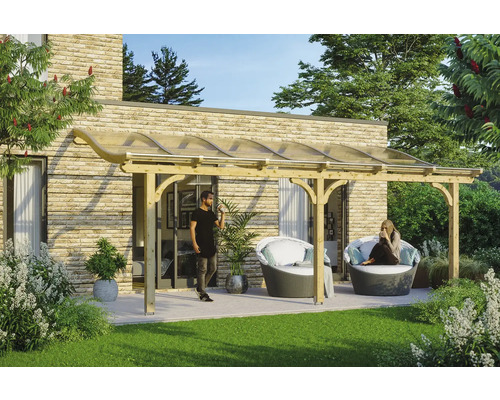 Terrassenüberdachung SKAN HOLZ Venezia 648x339 cm natur Holzterrassenüberdachung mit Sitzgelegenheiten im Gartenbereich