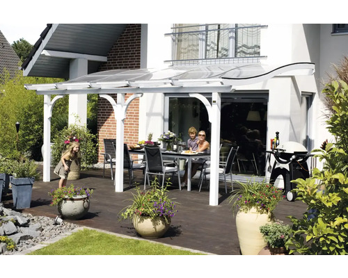 Terrassenüberdachung SKAN HOLZ Venezia 434x239 cm weiß Terrasse mit Terrassenüberdachung, Tisch, Stühlen und Grill