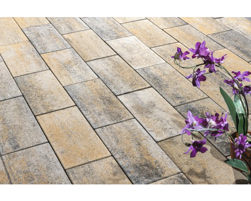 Rechteckige Pflastersteine aus Stein auf einer Fläche.