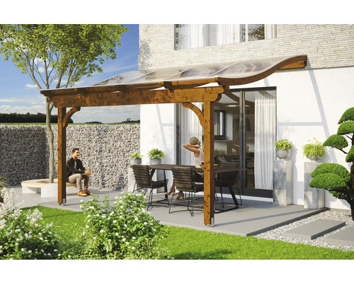 Terrassenüberdachung SKAN HOLZ Verona 434x239 cm nußbaum Holzterrassenüberdachung mit Gartenmöbeln auf einer Terrasse