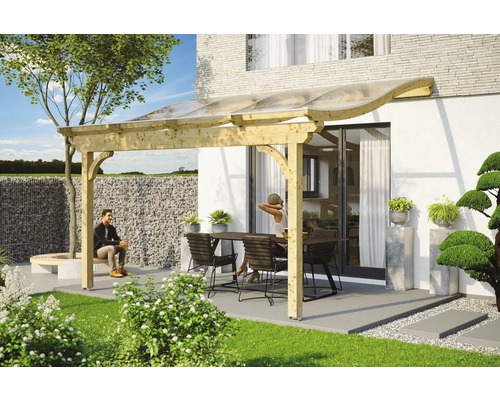 Terrassenüberdachung SKAN HOLZ Verona 434x389 cm natur Holzpergola mit Esstisch und Sitzgelegenheiten im Garten