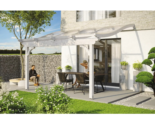 Terrassenüberdachung SKAN HOLZ Verona 541x239 cm weiß Terrasse mit Terrassenüberdachung, Tisch, Stühlen und Dekoration im Garten
