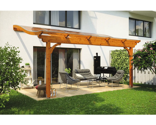 Terrassenüberdachung SKAN HOLZ Verona 541x239 cm eiche hell Holzterrasse mit Möbeln und Grill im Garten