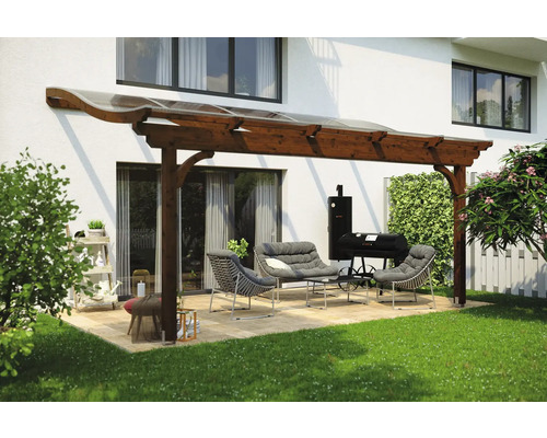 Terrassenüberdachung SKAN HOLZ Verona 541x289 cm nußbaum Terrasse mit Holzüberdachung, Gartenmöbeln und Grill