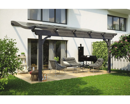 Terrassenüberdachung SKAN HOLZ Verona 541x289 cm schiefergrau Terrasse mit Holzüberdachung, Sitzgruppe und Grill für den Außenbereich.