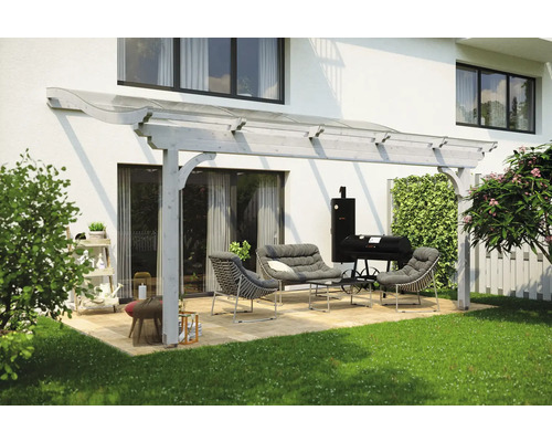 Terrassenüberdachung SKAN HOLZ Verona 541x339 cm weiß Terrasse mit Terrassenüberdachung, Sitzgruppe und Grill