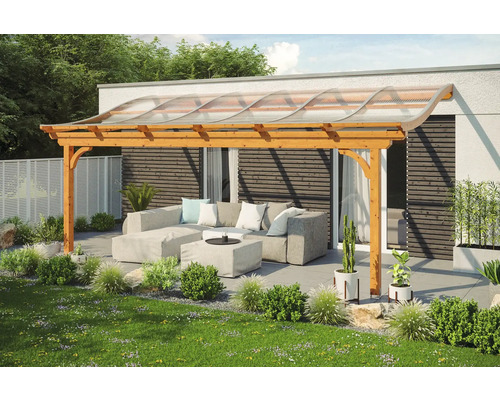 Terrassenüberdachung SKAN HOLZ Verona 648x239 cm eiche hell Holzpergola mit Polycarbonatdach und Sitzecke im Garten