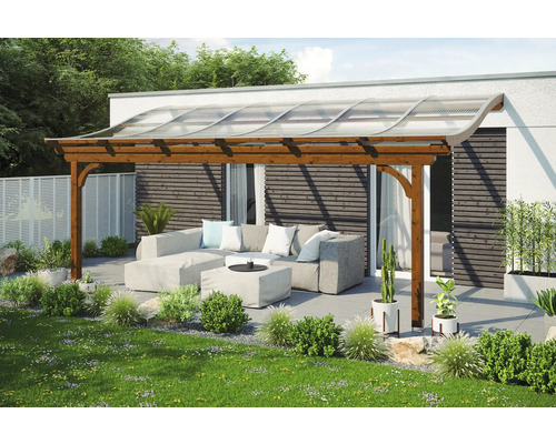 Terrassenüberdachung SKAN HOLZ Verona 648x339 cm nußbaum Terrassenüberdachung aus Holz mit transparentem Dach und Sitzgruppe im Garten