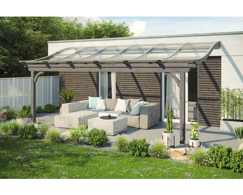 Terrassenüberdachung SKAN HOLZ Verona 648x289 cm schiefergrau Terrassenüberdachung aus Holz mit transparentem Dach und Sitzgruppe im Garten