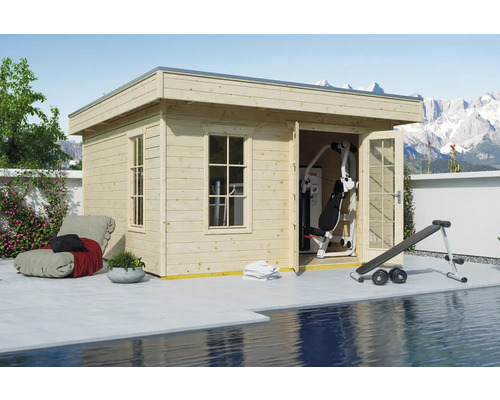 Gartenhaus SKAN HOLZ Breda mit Fußboden 420 x 440 cm natur Holzgartenhaus mit Trainingsgeräten und Hantelbank neben einem Pool