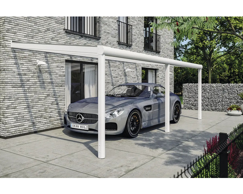 Modernes Carport aus Aluminium mit einem parkenden Auto