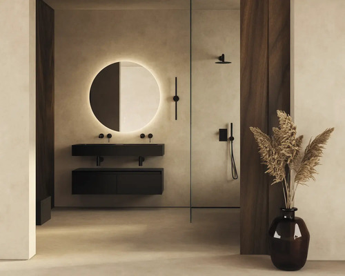 Modernes Badezimmer mit Waschtisch, Spiegel mit Beleuchtung und Dusche.