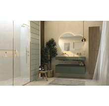 Helles Badezimmer mit Dusche, Waschtisch mit Spiegel und Dekorationen