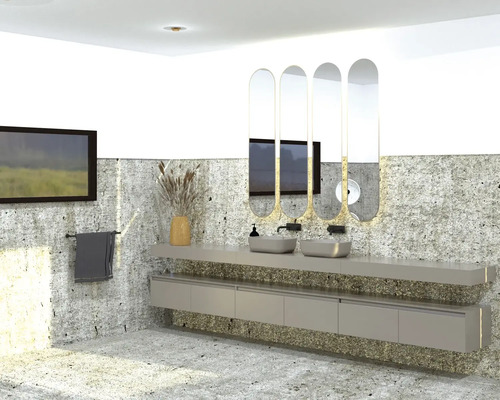 Badezimmer mit Waschbecken, Spiegeln, Handtuchhalter und Dekoration