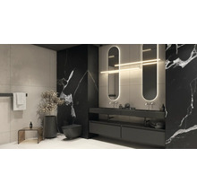 Modernes Badezimmer mit schwarzer Marmorwand, Waschbeckenunterschrank mit zwei Waschbecken, Spiegeln und Toilette.