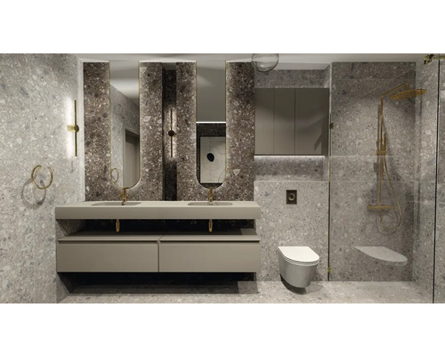 Helles Badezimmer mit Doppelwaschtisch, Spiegeln, Toilette und Dusche