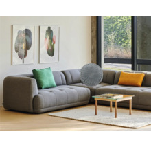 Wohnzimmer mit Ecksofa, Couchtisch, Teppich und Wandbildern