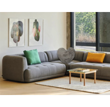 Wohnzimmer mit grauer Eckcouch, Kissen und Couchtisch
