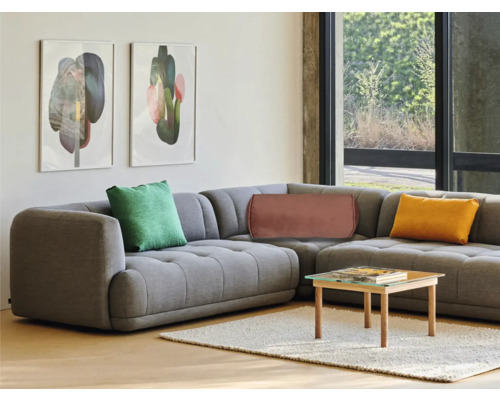 Wohnzimmer mit grauer Eckcouch, Kissen, Couchtisch und Wandbildern