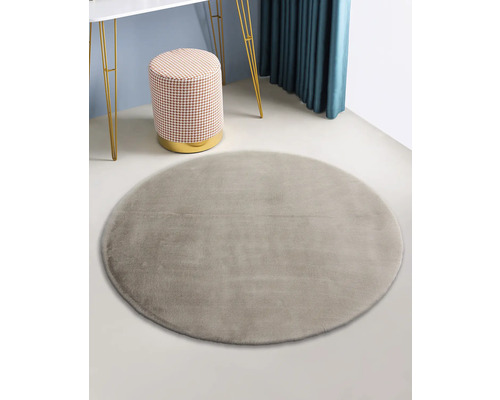 Runder Teppich im Wohnzimmer mit Hocker und Tisch