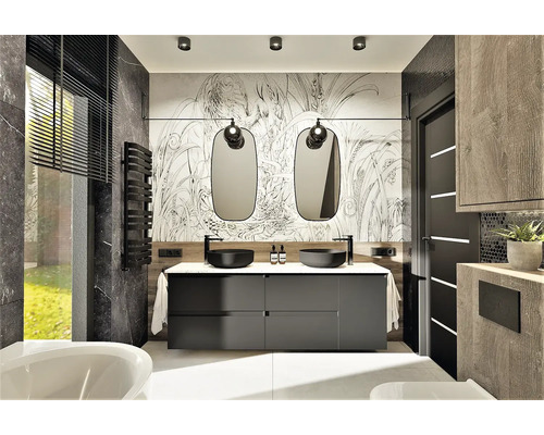 Modernes Badezimmer mit Doppelwaschbecken, Spiegeln und grafischer Tapete
