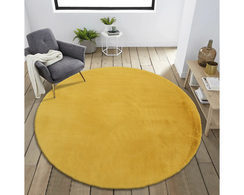 Wohnzimmer mit rundem, gelbem Teppich, Sessel und Holzboden.