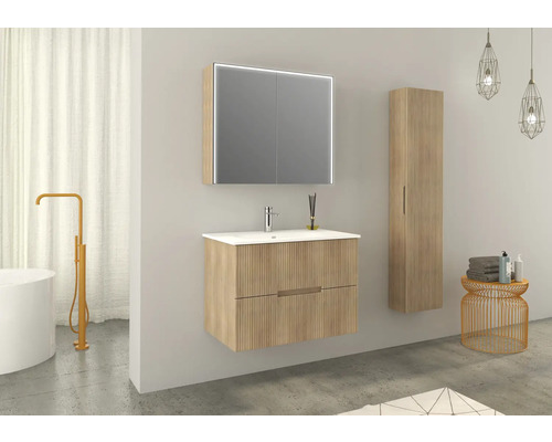 Badezimmer Szene mit Waschtischunterschrank, Spiegelschrank mit Beleuchtung und Hochschrank