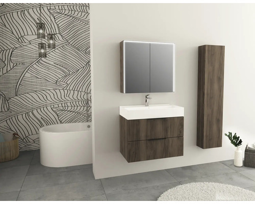 Badezimmer mit Waschtischunterschrank, Spiegelschrank mit Beleuchtung und Hochschrank