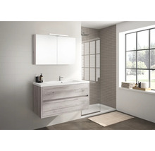 Modernes Badezimmer mit Waschtischunterschrank, Spiegelschrank und Dusche