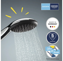 Brausekopf mit Wasserstrahl, Grohe Quickfix Logo, Grohe Logo, Hergestellt in Deutschland Siegel, 5 Jahre Garantie Siegel, Kleben oder Schrauben Symbol