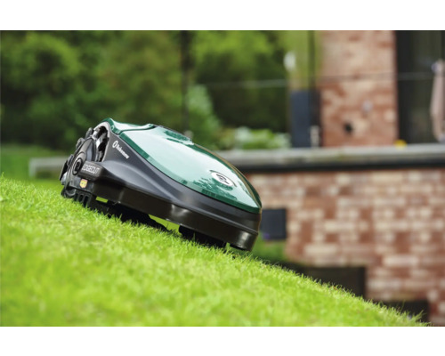 Rasenmähroboter auf Rasenfläche vor Haus