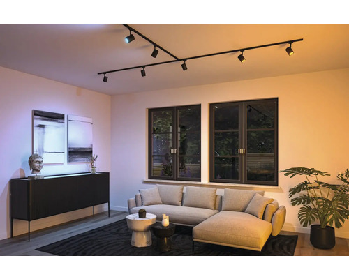 Wohnzimmer mit schwarzem Schienensystem und mehreren Strahlern an der Decke