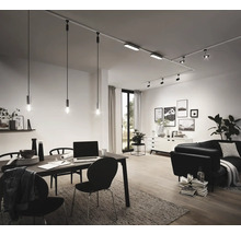 Wohnzimmer mit Esstisch, Sofa und Schienensystem mit Strahlern und Pendelleuchten