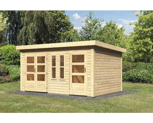 Gartenhaus Karibu Graubünden 2 mit Geräteraum 458 x 302 cm natur Holzgartenhaus mit Doppeltür und Fenster im Garten
