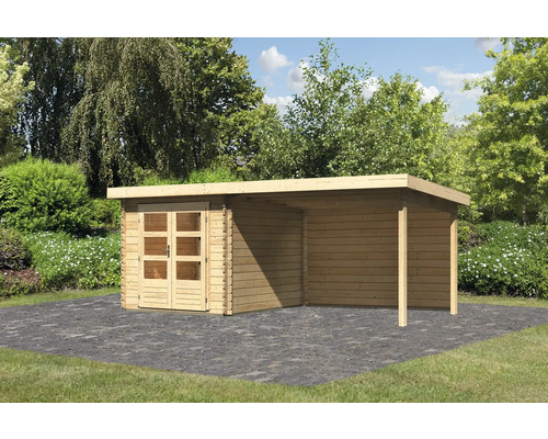 Gartenhaus Karibu Noorvik 4 inkl. Anbaudach 3 m, Rückwand 554 x 333 cm natur Holzgartenhaus mit Carport im Garten