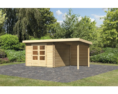 Gartenhaus Karibu Noorvik 5 inkl. Anbaudach 2 m, Rückwand 514 x 333 cm natur Holzgartenhaus mit Doppeltür und Anbau auf Pflastersteinen