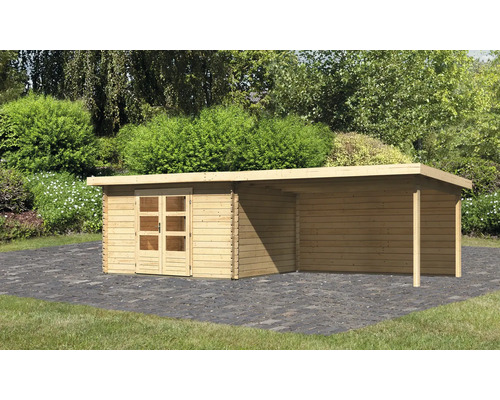 Gartenhaus Karibu Noorvik 7 inkl. Anbaudach 4 m, Rückwand 774 x 333 cm natur Holzgartenhaus mit Anbau auf Pflastersteinen