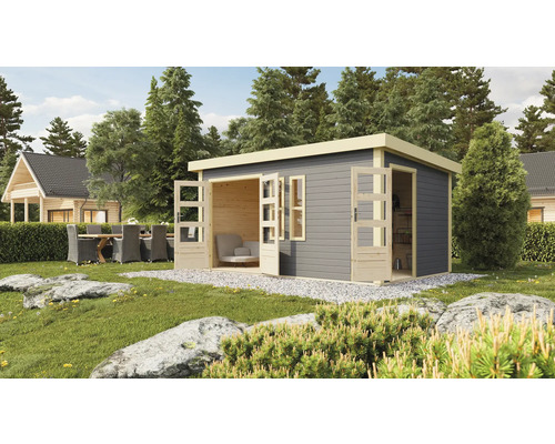 Gartenhaus Karibu Graubünden 2 mit Geräteraum 458 x 302 cm terragrau Modernes Gartenhaus mit Doppeltür und Fenster im Garten