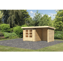 Holzgartenhaus mit Doppeltür und Anbau im Garten.