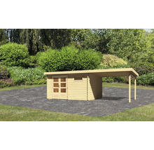 Gartenhaus mit Carport aus Holz im Garten