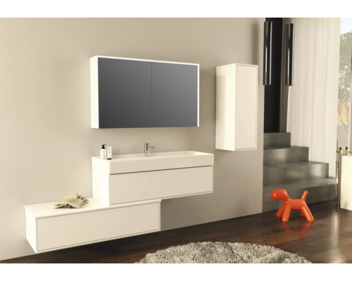 Modernes Badezimmer mit Waschbeckenunterschrank, Spiegelschrank und Hochschrank