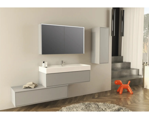 Modernes Badezimmer mit Waschtisch, Spiegelschrank, Hängeschrank und dekorativem Hundeobjekt