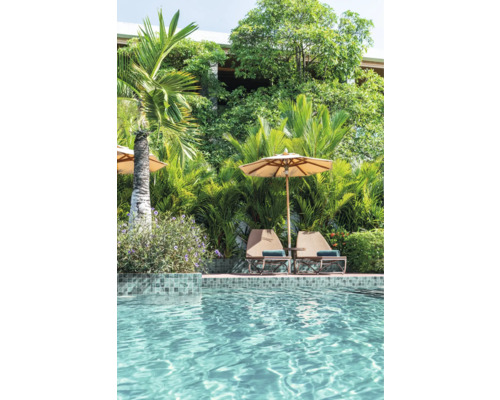 Szene mit Swimmingpool, Liegestühlen und Sonnenschirm im Garten