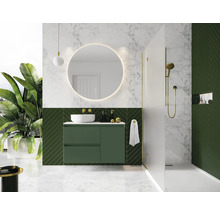 Modernes Badezimmer mit grünem Waschtischunterschrank, rundem Spiegel und Dusche