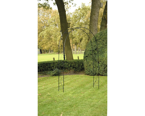 Garten mit Metallbogen als Rankhilfe für Pflanzen