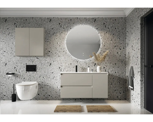 Modernes Badezimmer mit Waschtisch, Spiegelschrank, runden Spiegel mit Beleuchtung und hängendem WC
