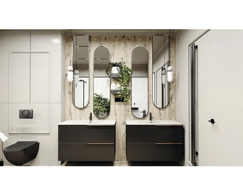 Modernes Badezimmer mit zwei Waschbecken, Spiegeln und hängender Toilette